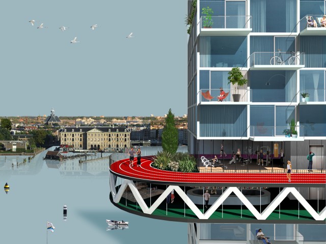 jogging and exercising within the building at a height of 25 meters