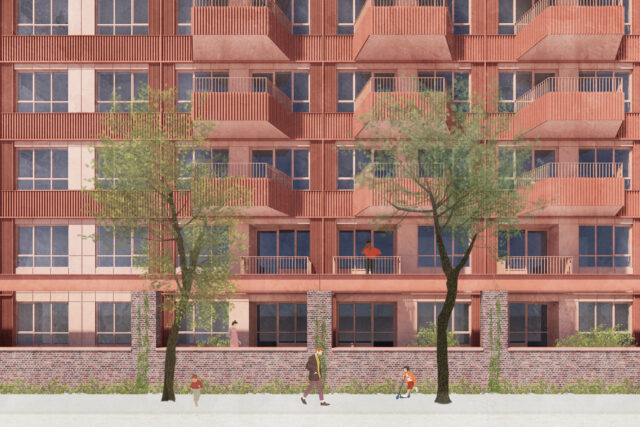 detailing ground floor apartments with terraces behind perforated factory wall